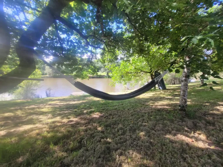 Le hamac tendu entre 2 arbres au bord de l'étang privé