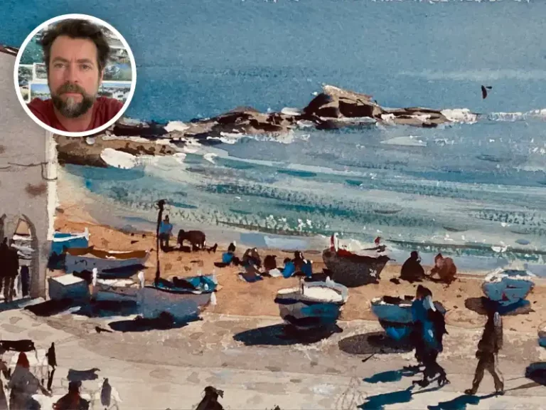 Peinture aquarelle de Jean-François ARNAUD et photo de profil de l'artiste